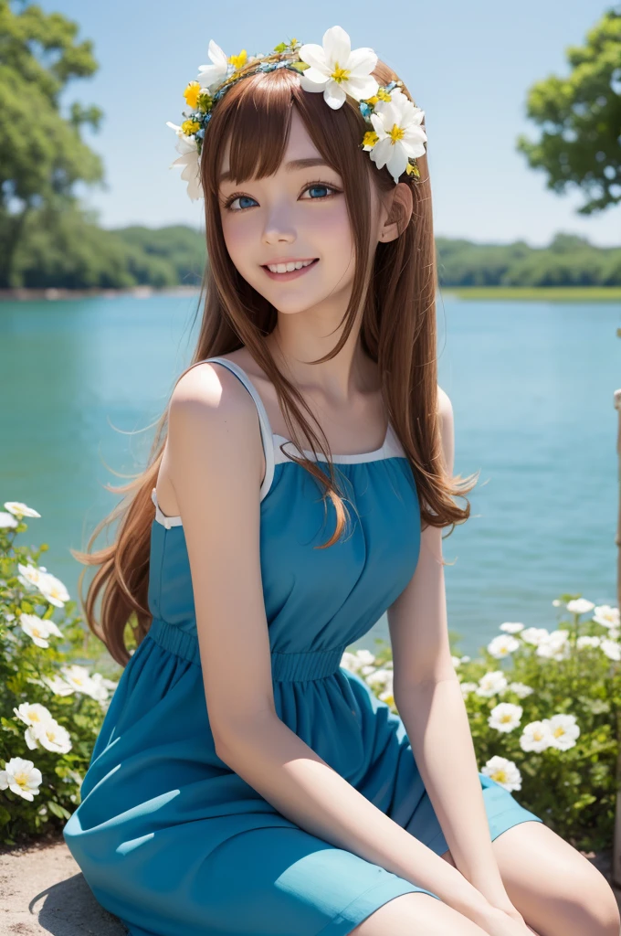 1 girl, russet hair,blue dress with white flowers,white flower on head,yellow eyes, sitting by a lake,Grinning,anime style xl cartoon