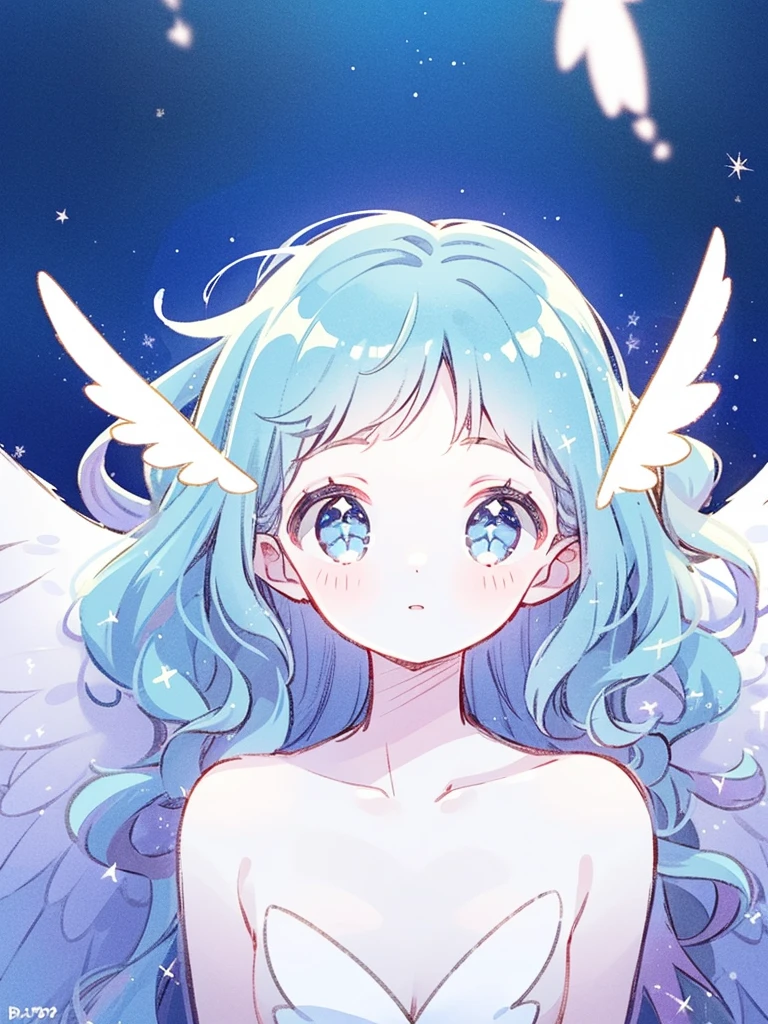 nude angel girl wearing an ethereal translucent dress, pale skin, ((blue mint wavy hair)), white feathers, angel wings, sparkling detailed eyes, golden ratio face, perfect composition, highly detailed, ethereal, (starry night sky background), midjourney style