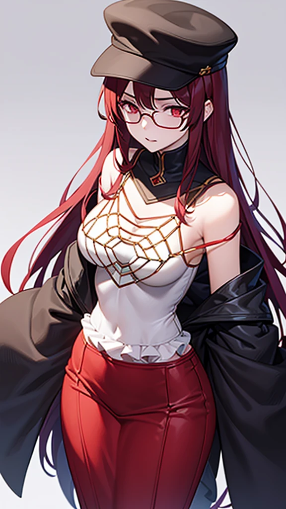 (Masterpiece), (best quality), A 20 year old female villain with long dark red hair, red eyes, chest, red commander hat, round glasses, black outfit, standing.