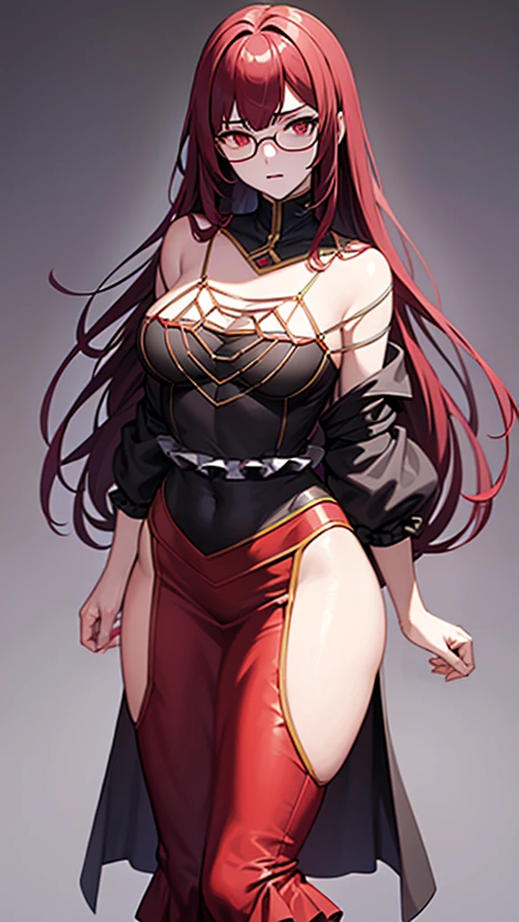 (Masterpiece), (best quality), A 20 year old female villain with long dark red hair, red eyes, chest, red commander hat, round glasses, black outfit, standing.