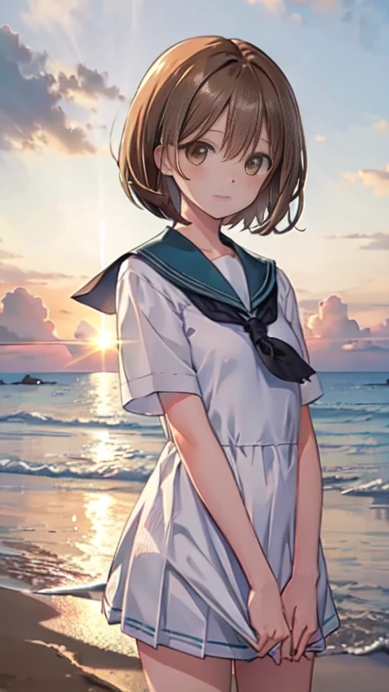young, very short hair, bob haircut, Air bangs, hairs between eyes, hair over shoulder, brown hair, beautiful detailed hair, extremely beautiful detailed anime face and eyes, happy, clear eyes, perfect hands, small Breasts, perfect and delicate limbs, light brown eyes, bright skin, pleated dress, Summer sailor uniform, beautiful detailed sky, beach, Early in the morning, sparkle, refined rendering, extremely detailed, wallpaper 8k CG, the best quality,upper body focus