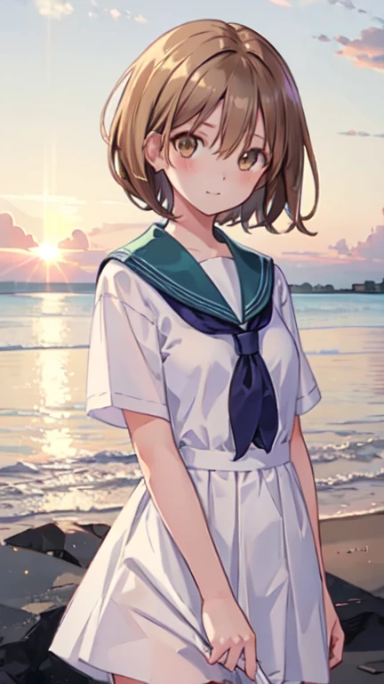 young, very short hair, bob haircut, Air bangs, hairs between eyes, hair over shoulder, brown hair, beautiful detailed hair, extremely beautiful detailed anime face and eyes, happy, clear eyes, perfect hands, small Breasts, perfect and delicate limbs, light brown eyes, bright skin, pleated dress, Summer sailor uniform, beautiful detailed sky, beach, Early in the morning, sparkle, refined rendering, extremely detailed, wallpaper 8k CG, the best quality,upper body focus