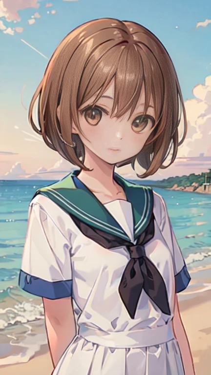 young, very short hair, bob haircut, Air bangs, hairs between eyes, hair over shoulder, brown hair, beautiful detailed hair, extremely beautiful detailed anime face and eyes, happy, clear eyes, perfect hands, small Breasts, perfect and delicate limbs, light brown eyes, bright skin, pleated dress, Summer sailor uniform, beautiful detailed sky, beach, Early in the morning, sparkle, refined rendering, extremely detailed, wallpaper 8k CG, the best quality,upper body focus