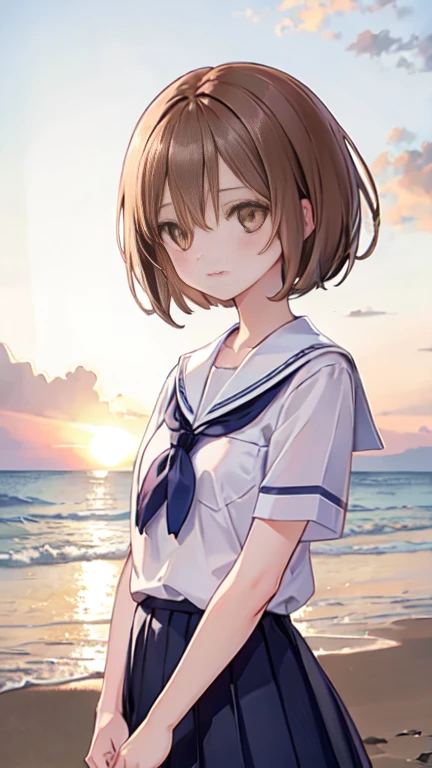 young, very short hair, bob haircut, Air bangs, hairs between eyes, hair over shoulder, brown hair, beautiful detailed hair, extremely beautiful detailed anime face and eyes, happy, clear eyes, perfect hands, small Breasts, perfect and delicate limbs, light brown eyes, bright skin, pleated dress, Summer sailor uniform, beautiful detailed sky, beach, Early in the morning, sparkle, refined rendering, extremely detailed, wallpaper 8k CG, the best quality,upper body focus