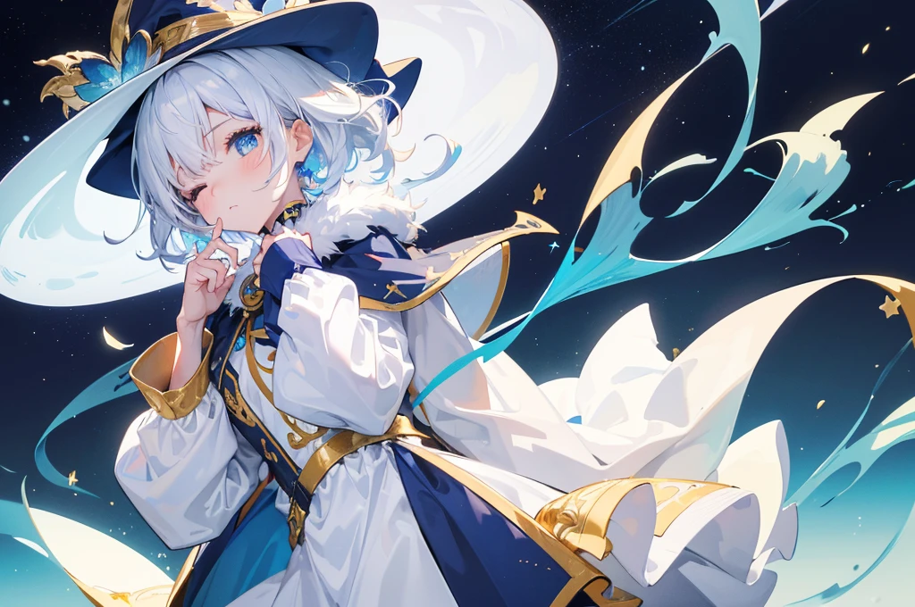 (Highest quality)　(4K)　(8K)　(High resolution)　(masterpiece:1.2)　(Super detailed)　One girl　short hair　witch　The right eye is blue and the left eye is yellow　Long sleeve　Golden decoration　(White Background)　Hair between the eyes　Closed Mouth　Blue fur　White Dress　Wavy Hair　Upper Body　White Hair　Blue hat　Puff out your cheeks