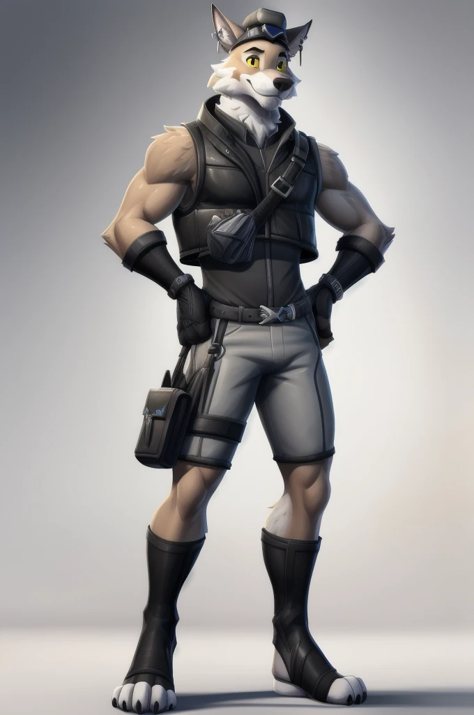 wendell, yellow sclera, (pose:1.3), (posing:1.3), (soft shading), 4k, hi res, five fingers, detailed hands, ((detailed face, (detailed eyes:1.3), detailed)), (full body), fortnite, fortnite style, by zackarry911, by zaush, (by personalami:0.5) solo, looking at viewer, smile, simple background, shirt, gloves, 1boy, hat, white background, bare shoulders, jewelry, standing, full body, male focus, earrings, shorts, sleeveless, black gloves, belt, fingerless gloves, vest, black shirt, goggles, claws, white shorts, toeless legwear, huge cock