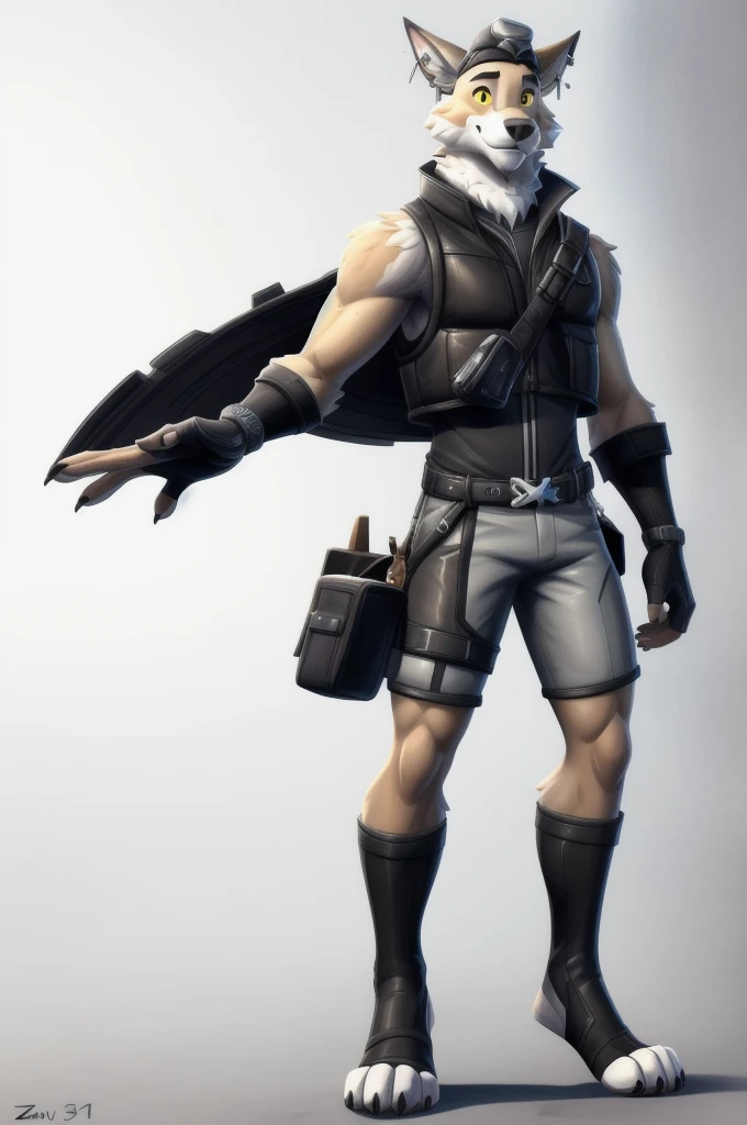 wendell, yellow sclera, (pose:1.3), (posing:1.3), (soft shading), 4k, hi res, five fingers, detailed hands, ((detailed face, (detailed eyes:1.3), detailed)), (full body), fortnite, fortnite style, by zackarry911, by zaush, (by personalami:0.5) solo, looking at viewer, smile, simple background, shirt, gloves, 1boy, hat, white background, bare shoulders, jewelry, standing, full body, male focus, earrings, shorts, sleeveless, black gloves, belt, fingerless gloves, vest, black shirt, goggles, claws, white shorts, toeless legwear, huge cock