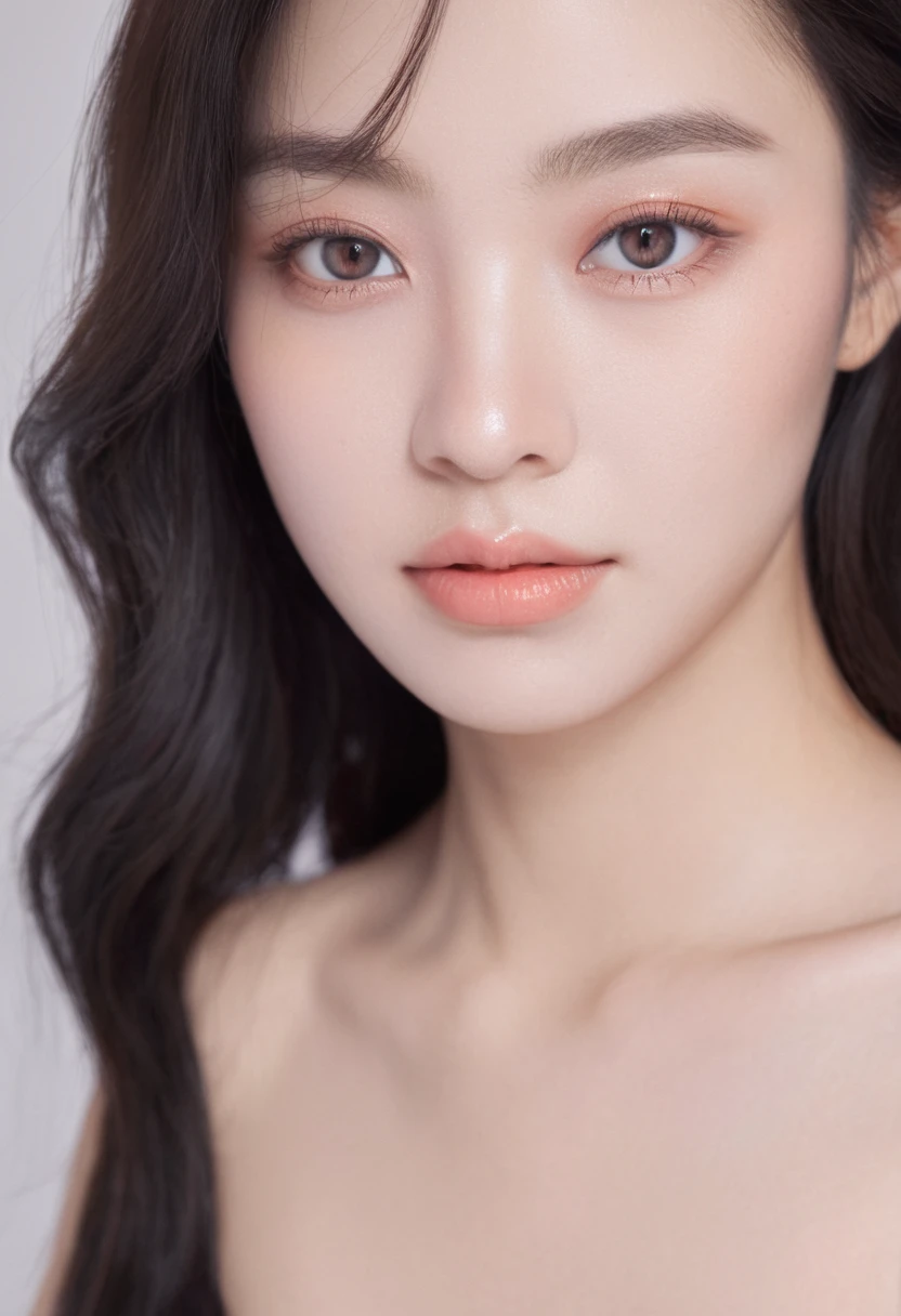 ultra wide shoot, front photo, elegant woman, (Photorealsitic)、(intricate detailes:1.2)、(masterpiece、:1.3)、beauty face, (top-quality:1.4)、(超A high resolution:1.2)、超A high resolution、(A detailed eye)、(detailed facial features), ((Realistic lighting、top-quality、8K、natural light, masterpiece:1.3))、bright photo, Clear focus:1.2、1girl in、flawless beauty:1.4、Superfine Face、big Narrow-eyed、double eyelid、photos realistic, perfect eyes, perfect skin, detailed skin, detailed face, looking viewer, front view, potrait, raw photo, simple soft pink background, (intricate detailed skin textured:1.4) front view, looking viewer, clear face, 1 girl、porate、Bright and very beautiful face、beautiful girl, A stunning close-up portrait showcasing the beauty of a Korean model. The composition features soft, natural lighting , bright eyes, and striking cheekbones. Her glossy, The background is simply black background, smile, wear sweetshirt, neat hair, long hair, instagram model, profil picture, bright and natural