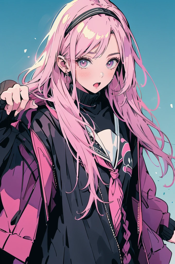 Pink Hair,Black clothes,White Background,Facing right front,Surprised expression,with headband,Double Tail,Study at the table,praise,Chill,Private room