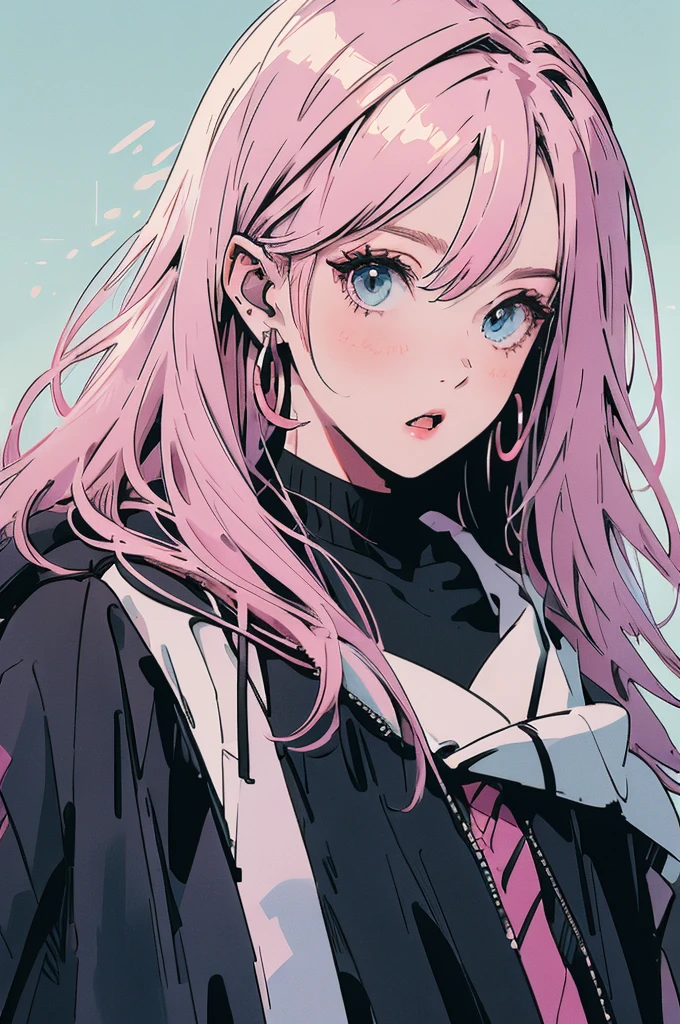 Pink Hair,Black clothes,White Background,Facing right front,Surprised expression,with headband,Double Tail,Study at the table,praise,Chill,Private room
