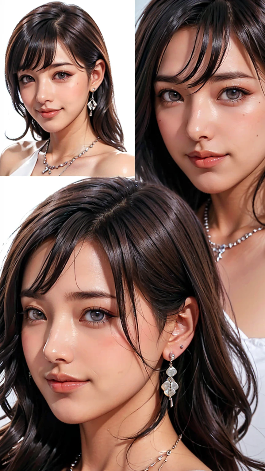 (Highest quality,High resolution,Pixel perfect,8K), (1 Girl:1.2), Beautiful woman,((Wavy mid-length hair, bangs, Brown Hair)), ((Brown eyes, Beautiful eyelashes, Realistic eyes)), ((Detailed face, blush:1.2)), ((Smooth texture:0.75, Realistic texture:0.65, Realistic:1.1, Anime CG Style)), Medium Chest, Perfect body, (Earrings,necklace,A shy smile), ((nude:1.1), (Multiple Views,Two views)