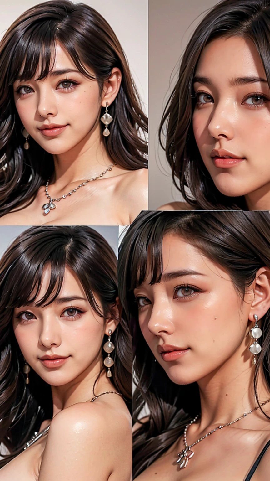 (Highest quality,High resolution,Pixel perfect,8K), (1 Girl:1.2), Beautiful woman,((Wavy mid-length hair, bangs, Brown Hair)), ((Brown eyes, Beautiful eyelashes, Realistic eyes)), ((Detailed face, blush:1.2)), ((Smooth texture:0.75, Realistic texture:0.65, Realistic:1.1, Anime CG Style)), Medium Chest, Perfect body, (Earrings,necklace,A shy smile), ((nude:1.1), (Multiple Views,Two views)