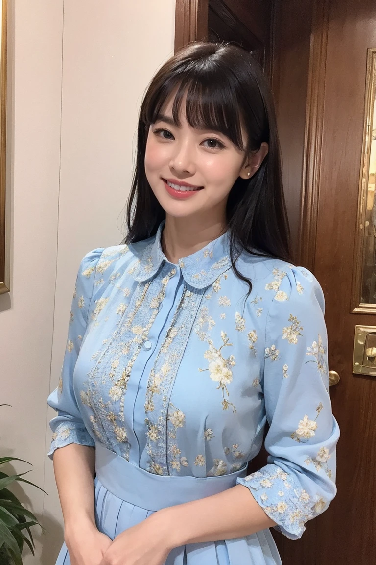 Medium display, Medium Shot, Written boundary depth, bust, Upper Body, Movie angle, masterpiece, Highest quality, Very detailed, CG, 8k wallpaper, Beautiful Face, Delicate eyes, Otome, alone, smile, bangs, skirt, shirt, have, Cobalt blue dress with gold trim, Laugh mischievously、Floral Background