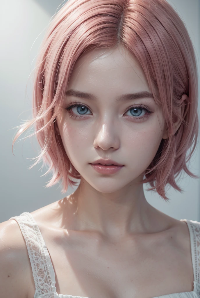 arcanevo, a woman with medium short pink hair and white dress, female face, unreal engine character art, portrait