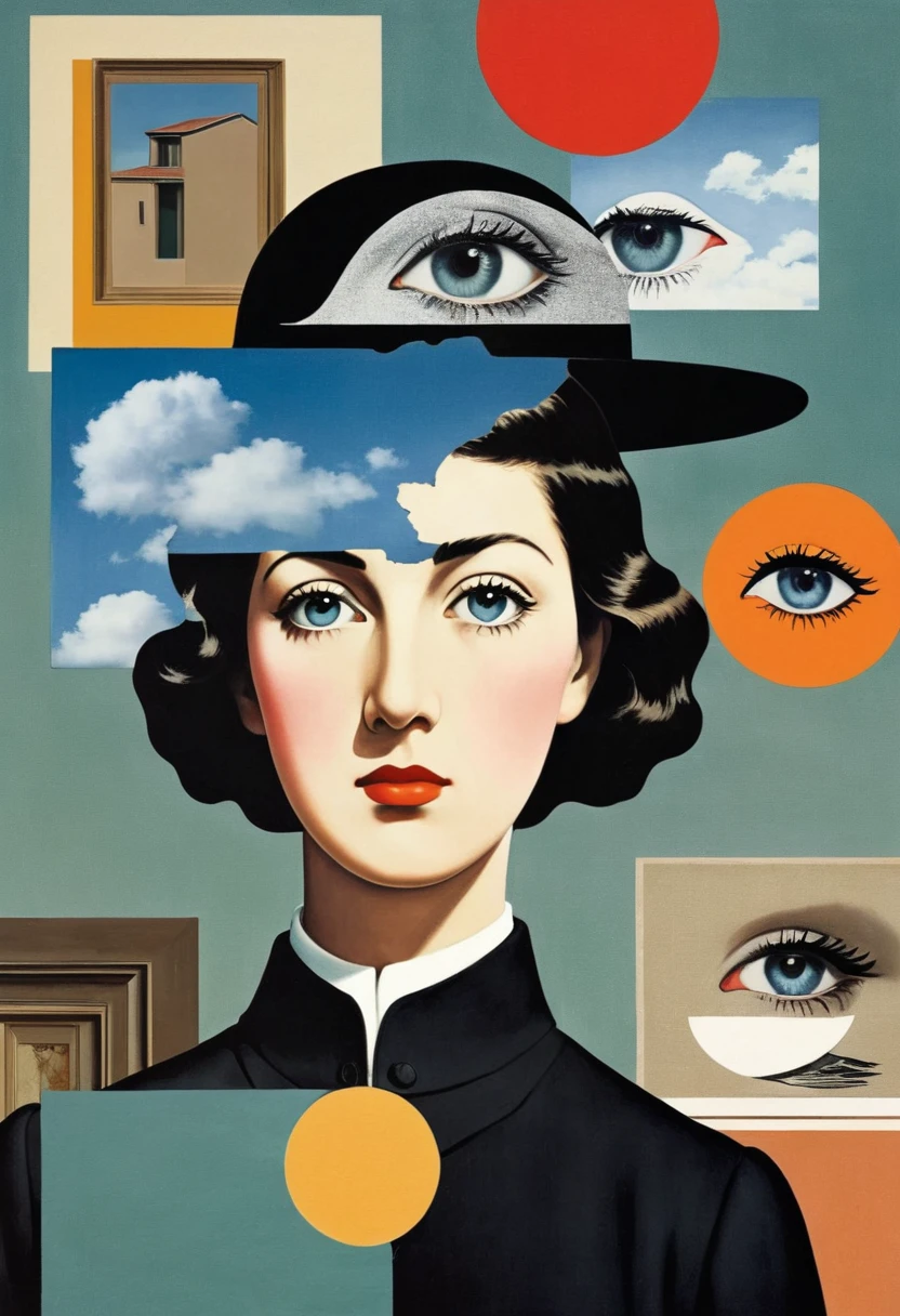 René Magritte,multi-layered collage,有一张女人脸的Collage画,There are a lot of different things on it,Geometric Dislocation,Collage,Artistic sense,Painting,paint