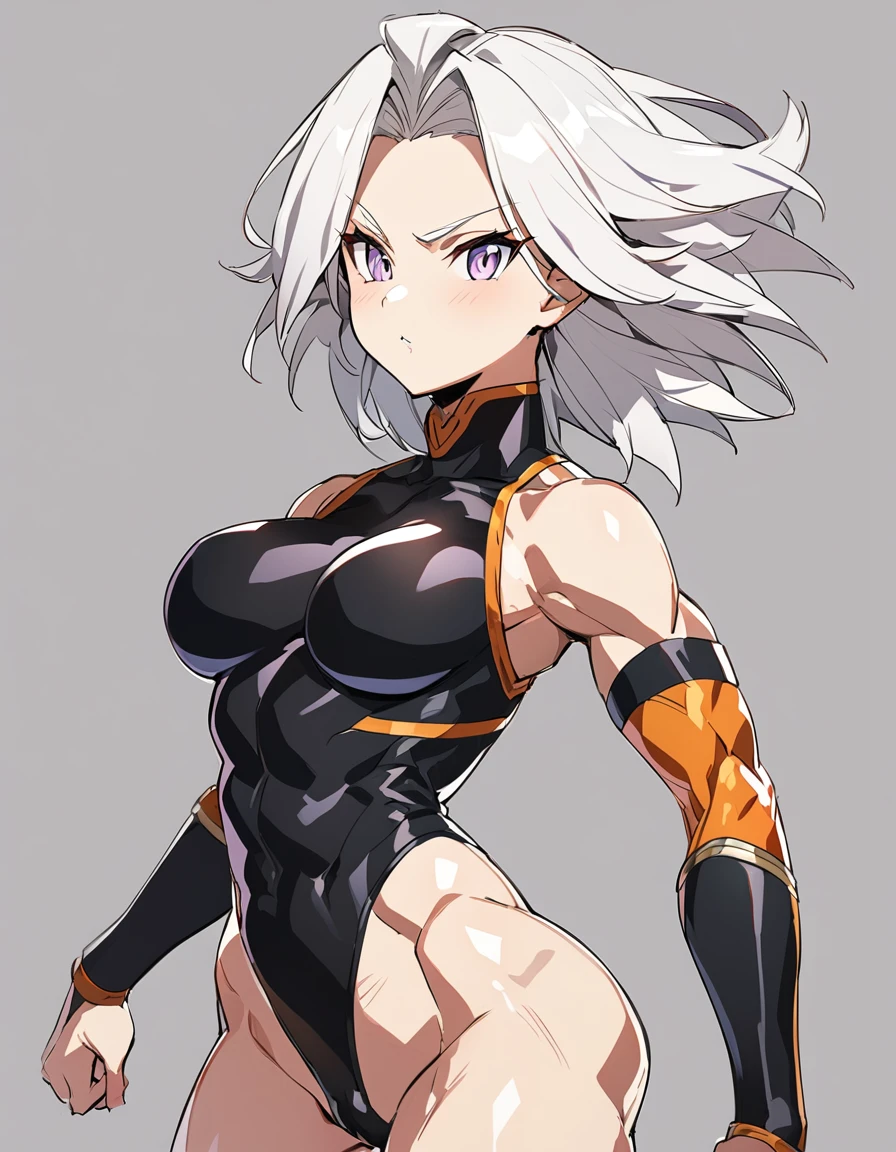 a girl, female focus, (a girl from the Dragon Ball universe) (the girl would wear black clothes, very tight on her body) slim muscles, ripped muscles, the girl would be raising her ki, she would have medium breasts, white hair, pretty face , beautiful girl, (the girl would be from the Saiyan race from Dragon Ball), (she is showing off her body in a sexy way, leaving her genitals and breasts that are sticking out of her clothes well exposed).