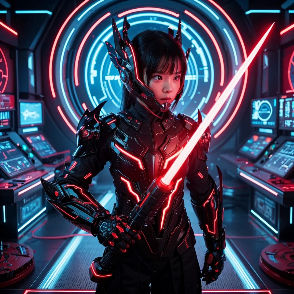 A futuristic thai young girl 7 YO, redline ornament neon glow armored warrior standing on the laboratory floor,holding a glowing sword pointed downwards.The figure is adorned in sleek,black and red armor with a half helmet show face,featuring elongated horn-like structures.Behind the warrior is a circular,neon-lit backdrop with intricate designs,giving the scene a high-tech, cyberpunk aesthetic.The environment suggests a mix of advanced technology and intense action readiness