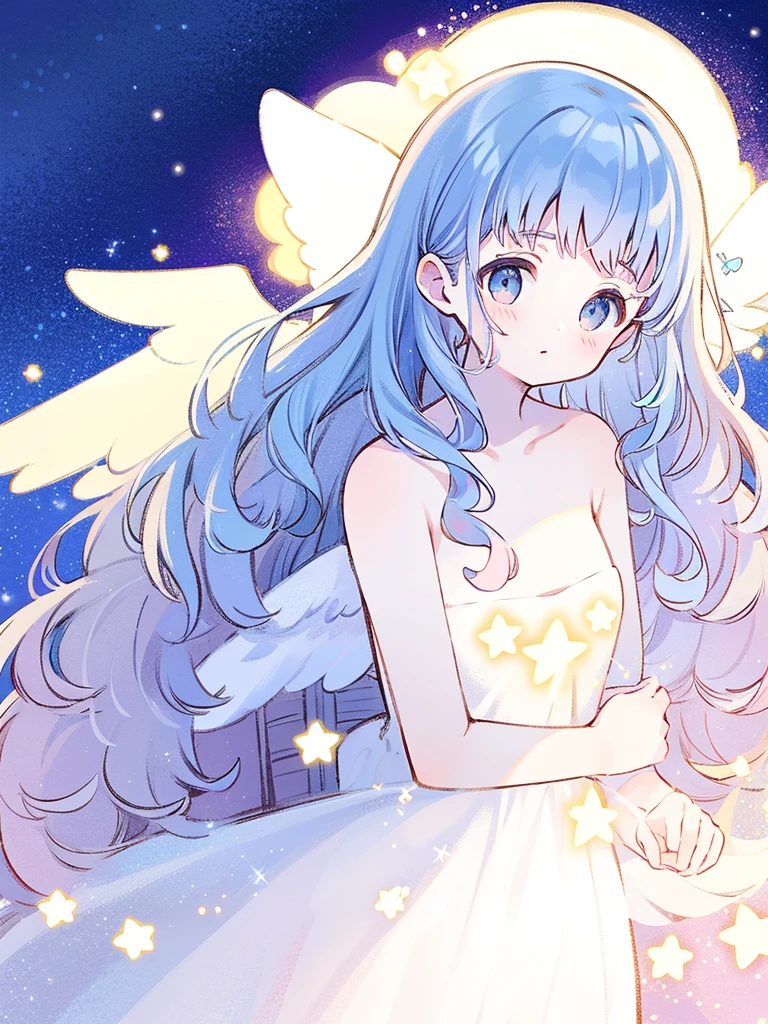 nude angel girl wearing an ethereal translucent dress, pale skin, ((blue mint wavy hair)), white feathers, angel wings, perfect composition, highly detailed, ethereal, (starry night sky background), midjourney style