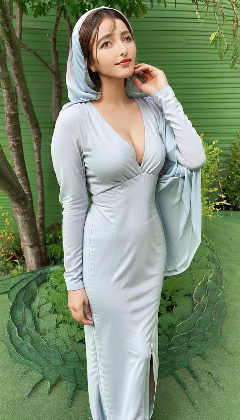 A woman standing outdoors in front of a green background, wearing a light blue hijab and a long, form-fitting, light gray dress with a deep V-neck. She has an hourglass figure, large bust, and is wearing high-heeled shoes. The woman is posing confidently, with one hand on her hip and the other adjusting her hijab.

