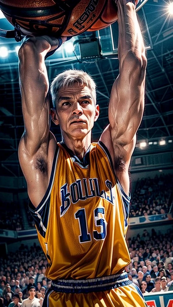 high detailed portrait of an elderly basketball player,very detailed face,stunning detailed eyes,detailed nose and lips,muscular body,jumping up to dunk the basketball,gripping the hoop,high angle view,cheering crowd in the background,dynamic action pose,dramatic lighting,vibrant colors,cinematic composition,photorealistic,8k, best quality