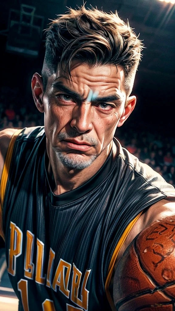 high detailed portrait of an elderly basketball player,very detailed face,stunning detailed eyes,detailed nose and lips,muscular body,jumping up to dunk the basketball,gripping the hoop,high angle view,cheering crowd in the background,dynamic action pose,dramatic lighting,vibrant colors,cinematic composition,photorealistic,8k, best quality