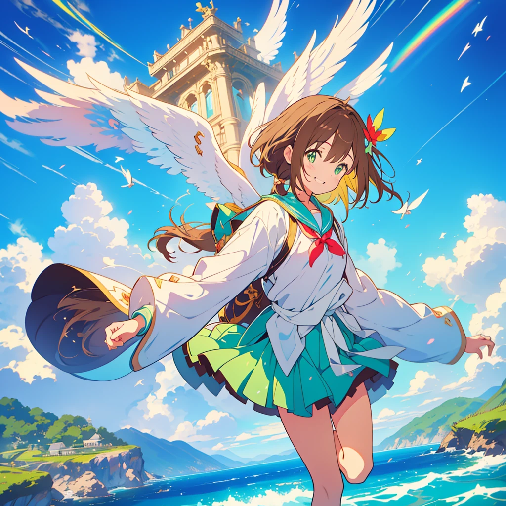 kawaii, anime, Cute, hyper quality, highly detailed, 8k, Front facing, Clarity, brown long hair, green eyes, smile, whole body, heaven, Rainbow colored wings on the back, particles of light, sky background, flapping its wings, Pose with movement, Fantastic, heaven, fantasy, water, Clearly depict facial expressions, fly into the sky, Richly colored, above the sky, Heaven, above the clouds, Composition overlooking the ground, look up at the sky, island country, sparkling sea, sparkling light, dancing in the air, fly off the ground, far away from the ground, jump,