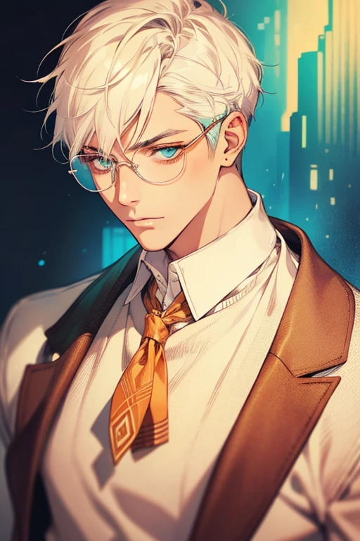 ((Masterpiece, Highest Quality)), Detailed Face, male, white sweater, turquoise eyes, (((Top Quality))), Short hair, Shaved whiskey,Spits, white colored hair, Stylish glasses