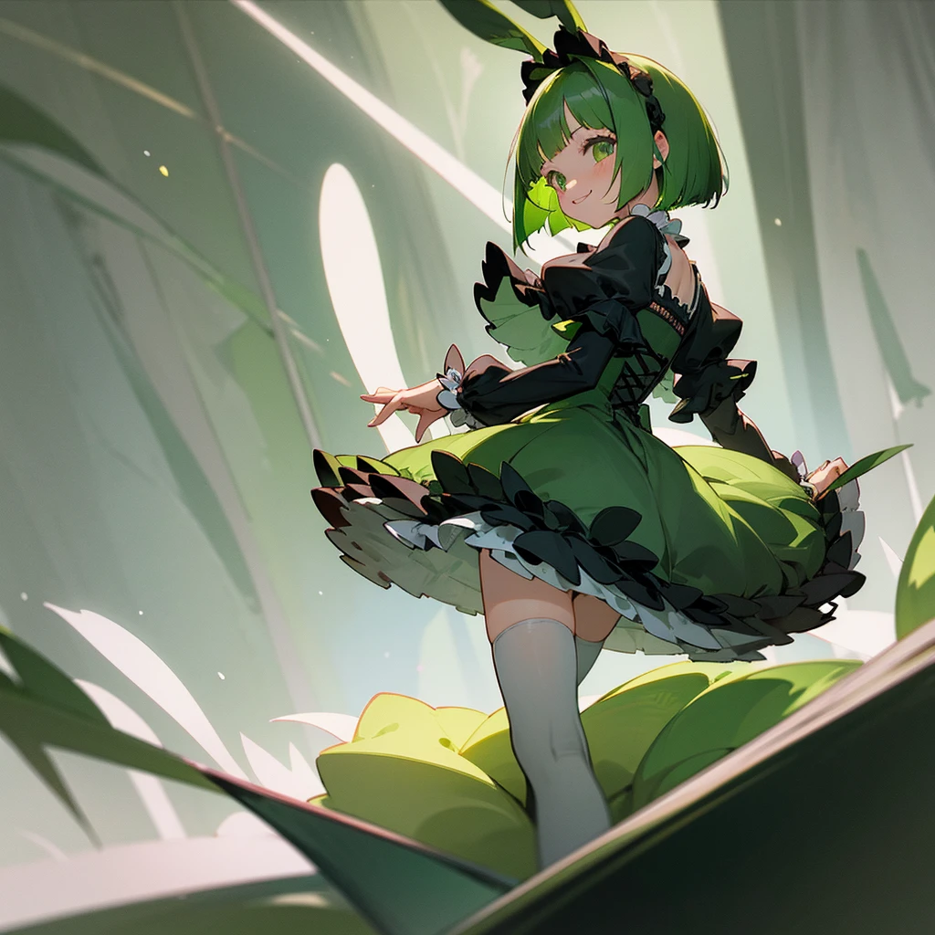 Green rabbit ears, green animal ears, a girl, bob cut, green hair, green eyes, look young, alone, short,  tiny,Lolita, childhood,smile, Gothic Lolita, dress, kawaii, cute
