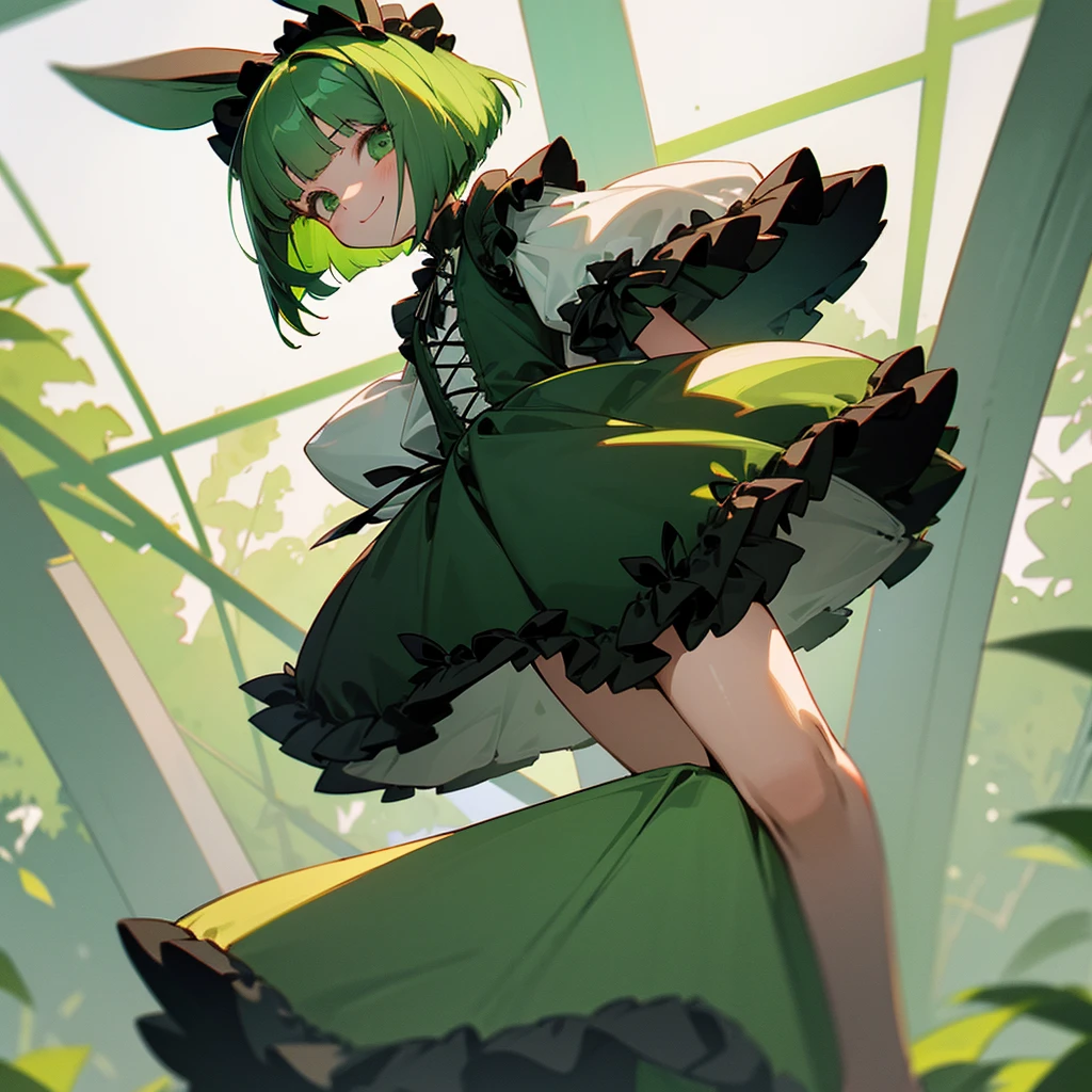 Green rabbit ears, green animal ears, a girl, bob cut, green hair, green eyes, look young, alone, short,  tiny,ta, childhood,smile, Gothic Lolidress, kawaii, cute