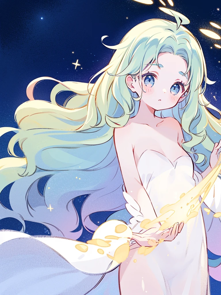 nude angel girl wearing an ethereal translucent dress, pale skin, ((blue mint wavy hair)), white feathers, angel wings, sparkling detailed eyes, golden ratio face, perfect composition, highly detailed, ethereal, (starry night sky background), midjourney style