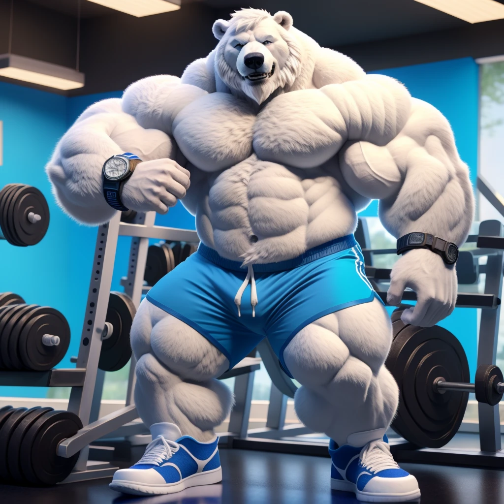 huge muscular polar bear dad in gym, big grin, polar bear, huge white fur, thick arm, huge arm, bearded, white hair and beard, bearded, (muscular, pectoral, wide pectoral, thick arms), gym, equipments, realistic, 8k, masterpiece, (wearing blue gym shorts, wristbands, watch and shirtless and topless, gym shoes)