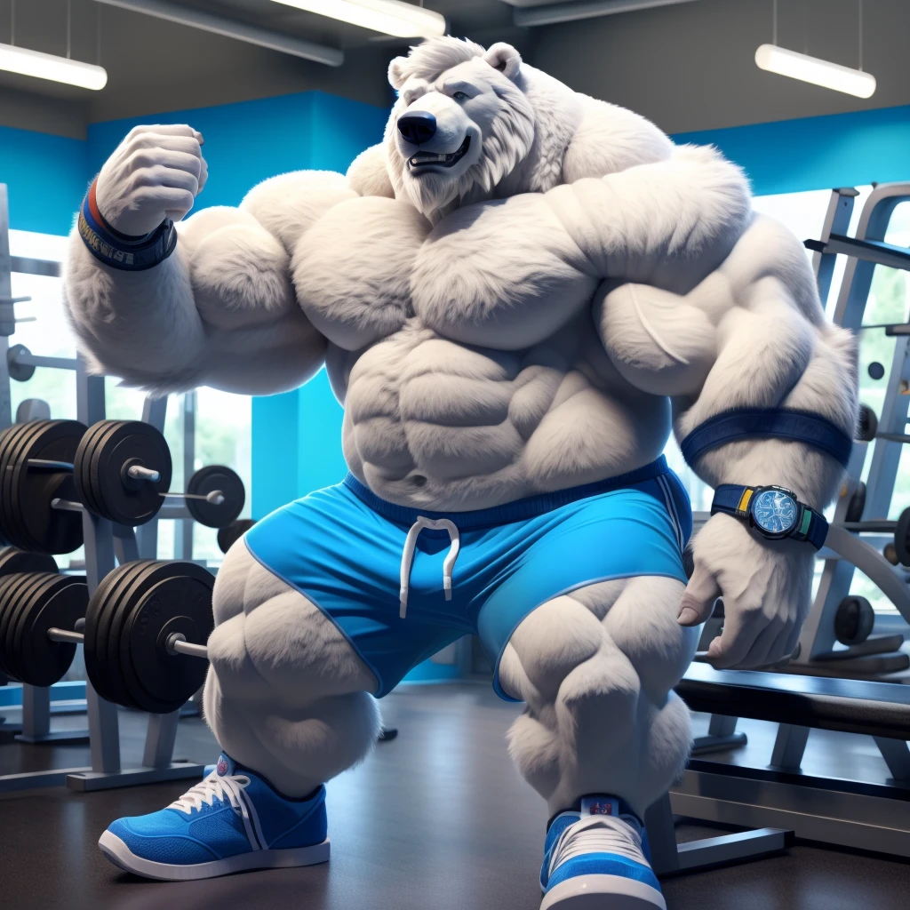 huge muscular polar bear dad in gym, big grin, polar bear, huge white fur, thick arm, huge arm, bearded, white hair and beard, bearded, (muscular, pectoral, wide pectoral, thick arms), gym, equipments, realistic, 8k, masterpiece, (wearing blue gym shorts, wristbands, watch and shirtless and topless, gym shoes)