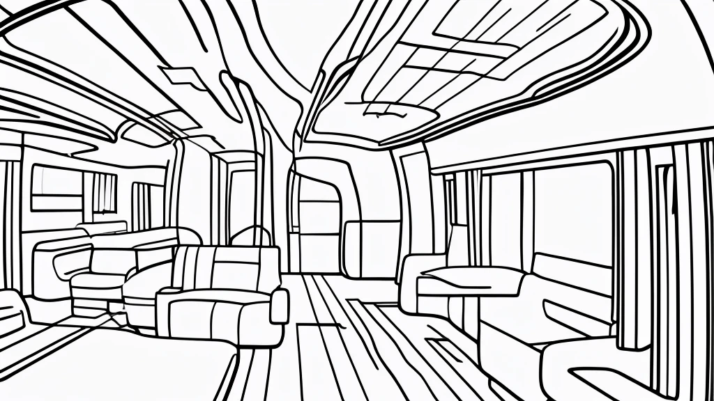 Minimal draft line drawing, thin lines, punchy touch, white train interior