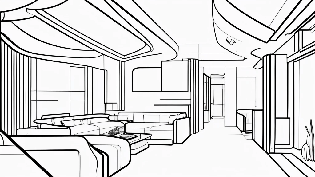 Minimal draft line drawing, thin lines, punchy touch, white train interior