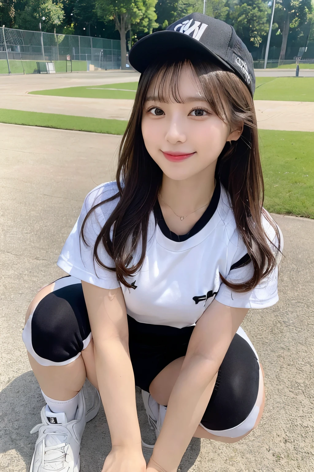 (Highest quality, 8K, 32k, masterpiece, Ultra-high resolution: 1.2), 1 Girl, Beautiful Japanese Woman, 10th Generation,Long black hair, White thighs、hot pants, Large white basketball uniform, Black cap、Basketball shoes, Summer sunshine in the park, (smile: 1.2), (Cute pose:1.5),(好きな人にsmileを向ける)