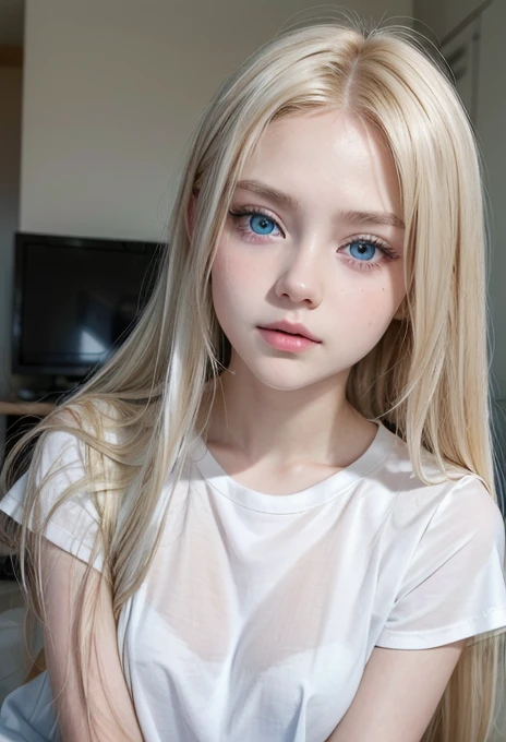incomparable beauty, shiny skin, firm and shiny., blows between the eyes, Shiny Straight Beautiful Platinum Blonde, super long hair, Smooth and silky, eyeliner, sexy beautiful innocent , High Definition, big ones, beautiful bright blue eyes., beautiful and charming girl, baby face, sved shirt
