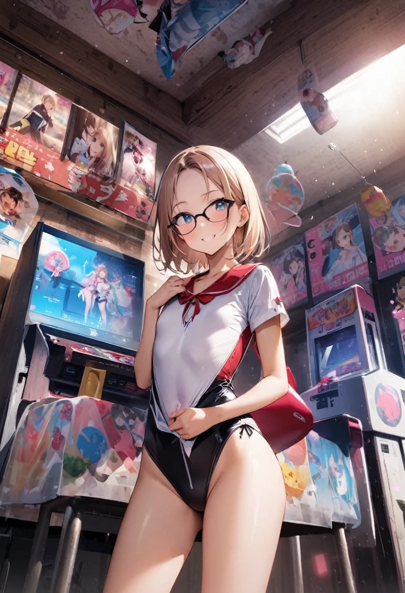 shoot from behind、Butt、Her miniskirt flutters and her panties are visible、Panty shot、arcade、game machine、Game bench、UFO Catcher、Purikura、Date、Fashionable glasses、forehead、Girl、Girl、Short、Younger、Lower school year、Baby Face、flat chest、smile、Dynamic Angle、masterpiece、best quality、ultra-detail、There are customers around、I'm making a mess、Clothing、school bag、hat