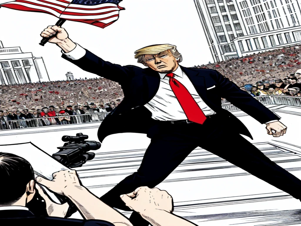 A dramatic comic book style illustration，Depicting the assassination of former US President Donald Trump。He stood under the American flag，Raise your fist in protest，Shouting &quot;Fight！”。There was a determined look on his face.，The wound and blood on the right ear are clearly visible。Secret Service agents surrounded him，One of the agents is backing him up.。The scene is tense and full of action，Captured a crucial and touching moment。--ar 4:3 -- Comic Style -- Quality 4