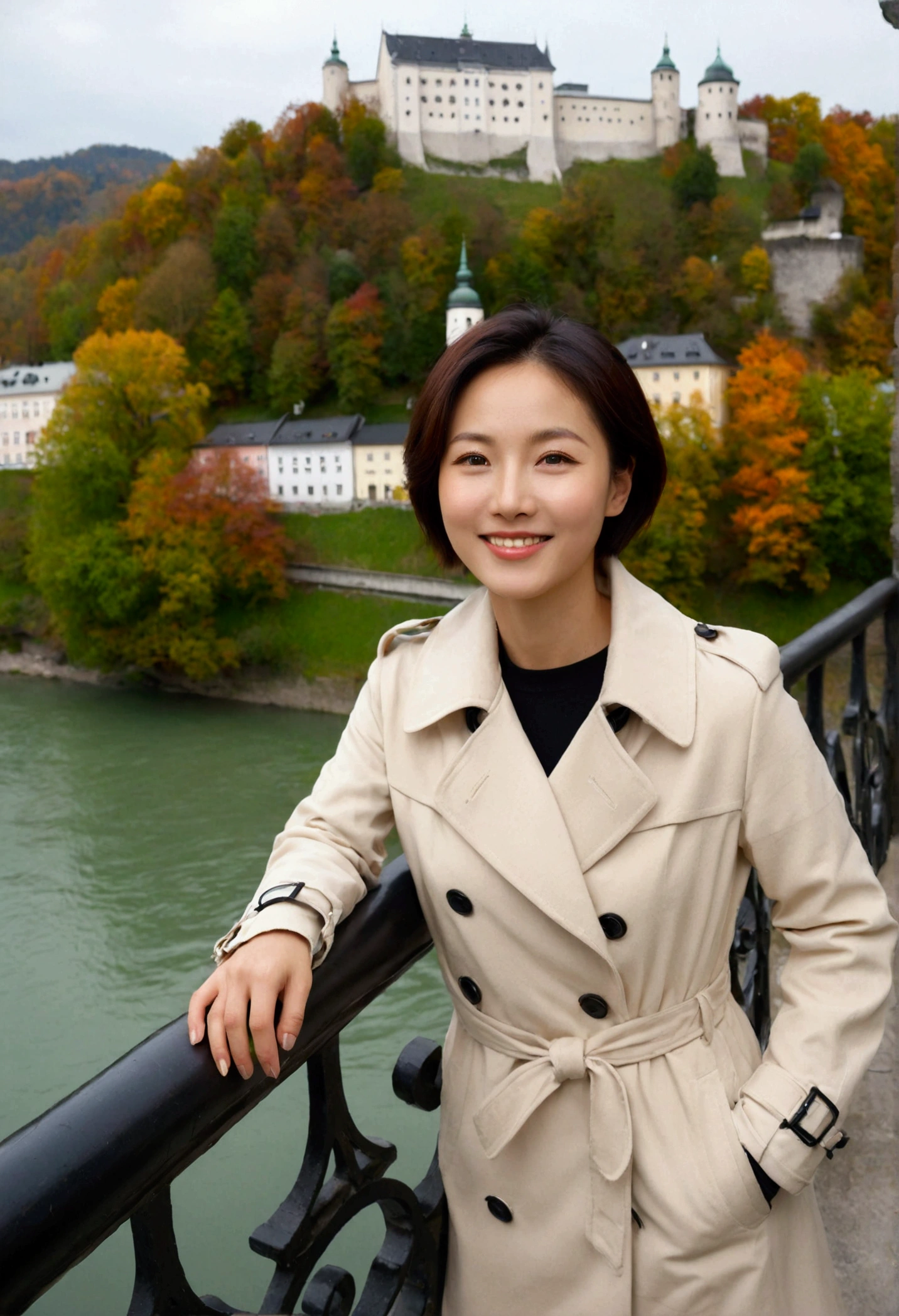 high quality, 1 woman, ((36-year-old healthy Korean woman)), ((36 years old)), 1 woman, eyes are big and beautiful. ((slim)), ((short medium hair)), Smile. pose: standing, light trench coat, background:Your residence is a baroque townhouse with a plaster façade and wrought iron railings.., autumn, Maple, Overlooking the Salzach River and Hohensalzburg Fortress, looking slightly up, 1 woman, Full body shot with Canon 16-34 wide angle lens, river view