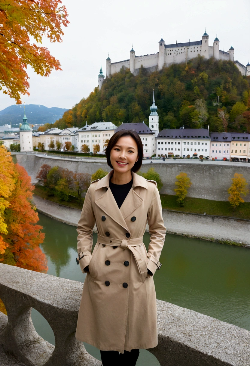 high quality, 1 woman, ((36-year-old healthy Korean woman)), ((36 years old)), 1 woman, eyes are big and beautiful. ((slim)), ((short medium hair)), Smile. pose: standing, light trench coat, background:Your residence is a baroque townhouse with a plaster façade and wrought iron railings.., autumn, Maple, Overlooking the Salzach River and Hohensalzburg Fortress, looking slightly up, 1 woman, Full body shot with Canon 16-34 wide angle lens, river view