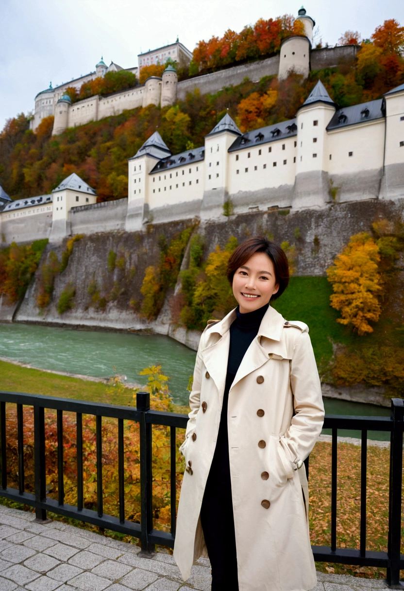 high quality, 1 woman, ((36-year-old healthy Korean woman)), ((36 years old)), 1 woman, eyes are big and beautiful. ((slim)), ((short medium hair)), Smile. pose: standing, light trench coat, background:Your residence is a baroque townhouse with a plaster façade and wrought iron railings.., autumn, Maple, Overlooking the Salzach River and Hohensalzburg Fortress, looking slightly up, 1 woman, Full body shot with Canon 16-34 wide angle lens, river view