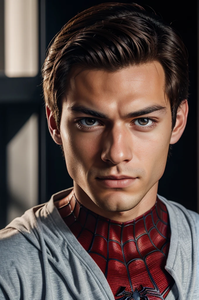 A photograph of spider man, no mask, 20 yo, handsome, detailed face, looking at camera, portrait, 8k uhd, high quality