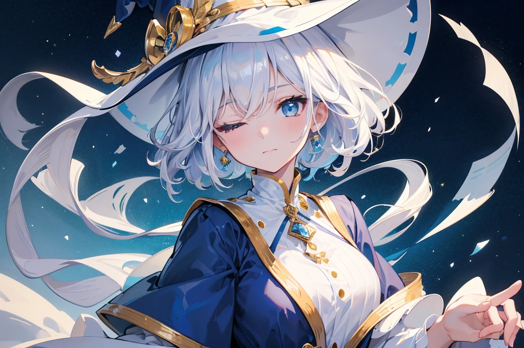 (Highest quality)　(4K)　(8K)　(High resolution)　(masterpiece:1.2)　(Super detailed)　One girl　short hair　witch　The right eye is blue and the left eye is yellow　Long sleeve　Golden decoration　(White Background)　Hair between the eyes　Closed Mouth　Blue fur　White Dress　Wavy Hair　Upper Body　White Hair　Blue hat　Puff out your cheeks