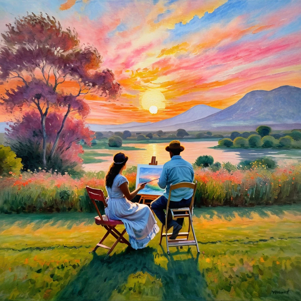 (Claude Monet Style:1.3), The image depicts a tranquil landscape following the principles of the Impressionist era，A Hispanic woman sits in a chair on a softly lit lawn，Holding an easel，Concentrate on capturing the beauty of the sunset，The sky is painted with brilliant colors，orange color，Swirls of pink and red depict the fleeting moments typical of nature，This is a hallmark of the Impressionist movement.，Woman wearing comfortable clothing，Hands busy painting a landscape with bright watercolor pens on a canvas，Represents  from the elements