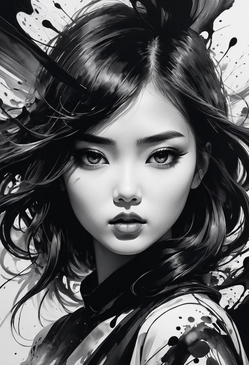 1 Girl, A girl dressed in black and white ink painting,Realistic details in the painting,Pattern re-scene shooting, Demonstrate dramatic expression and 2/3-face angle. The artwork is characterized by bold and expressive brushstrokes.,Create an ink-splashing art effect. Highest image quality, Resolution is 4k or 8k, Demonstrate ultra-detailed features. It has a surreal, Almost photo quality. The art style is reminiscent of concept art, Focus on the essence of the subject. The contrast between black and white creates a vivid and impactful visual effect. Lighting is carefully designed,To enhance the complexity and dynamics of the artwork.