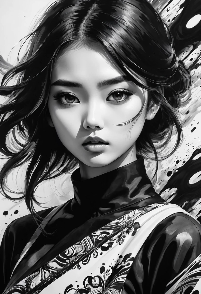 1 Girl, A girl dressed in black and white ink painting,Realistic details in the painting,Pattern re-scene shooting, Demonstrate dramatic expression and 2/3-face angle. The artwork is characterized by bold and expressive brushstrokes.,Create an ink-splashing art effect. Highest image quality, Resolution is 4k or 8k, Demonstrate ultra-detailed features. It has a surreal, Almost photo quality. The art style is reminiscent of concept art, Focus on the essence of the subject. The contrast between black and white creates a vivid and impactful visual effect. Lighting is carefully designed,To enhance the complexity and dynamics of the artwork.