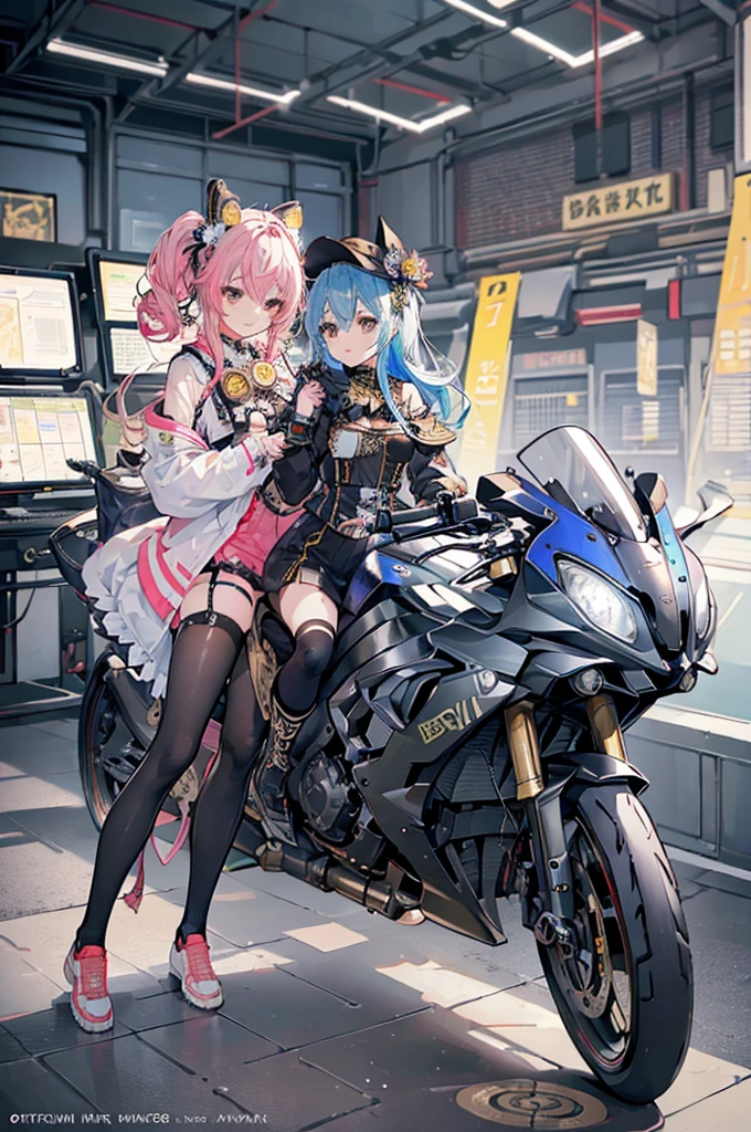 (Line art_anime,colorful),(Highest quality, ),8K,Dynamic Angle,1. Female,Medium Hair,smile、(Steampunk Bike Ride 1.5)、An elaborately decorated bike、(Highly decorative and intricate mechanical rider fashion, Lace flare dolphin hat、Goggles 1.5、machinery background、Gear background、An elaborately mechanized steampunk cityscape of the future 1.5),Anatomically correct,Beautiful composition