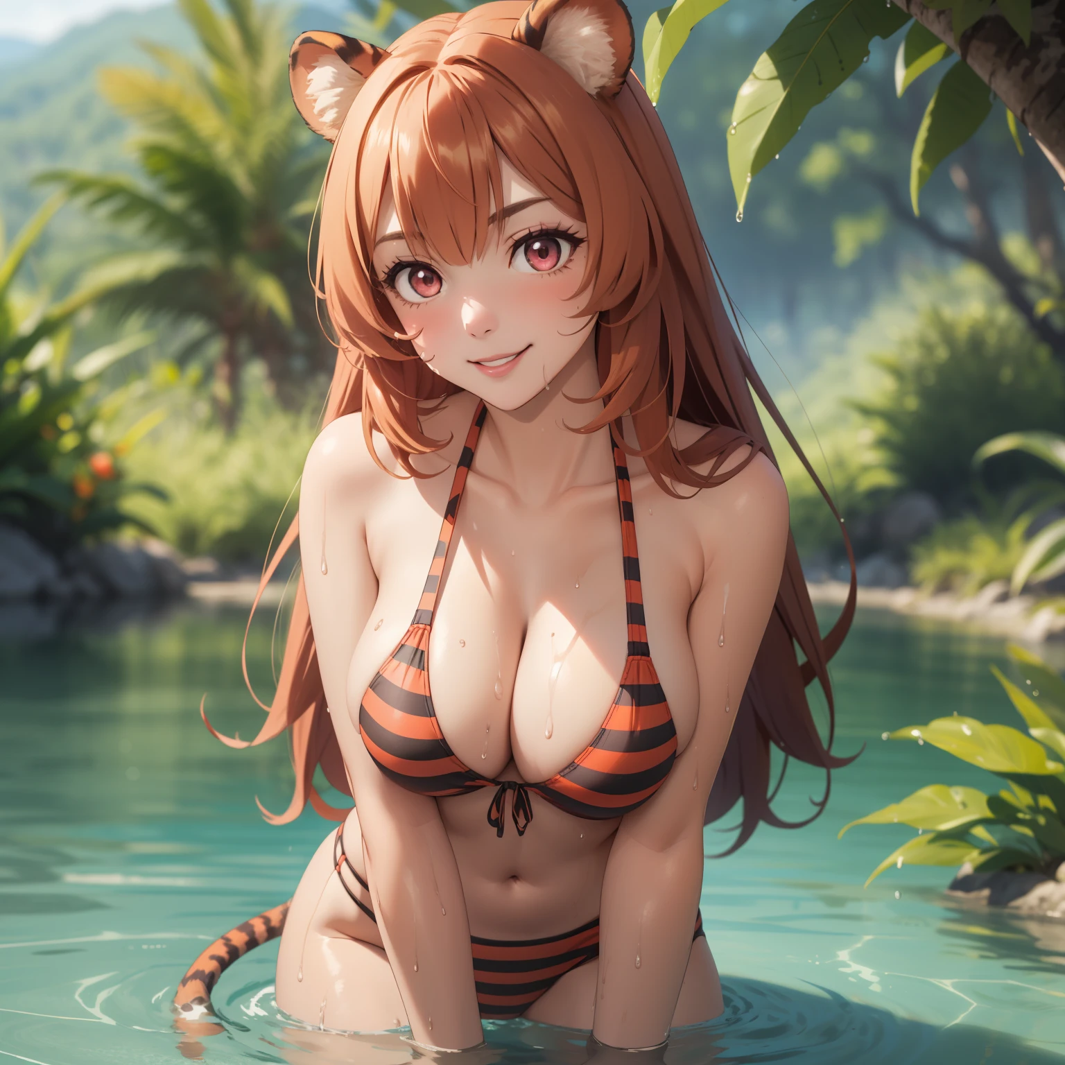 Raphtalia woman 24 years old, bright orange hair , bear ears, sexy tiger bikini, background a lake in the middle of a jungle, pink eyes, flirtatious smile. WET BODY, big breasts, striped tiger