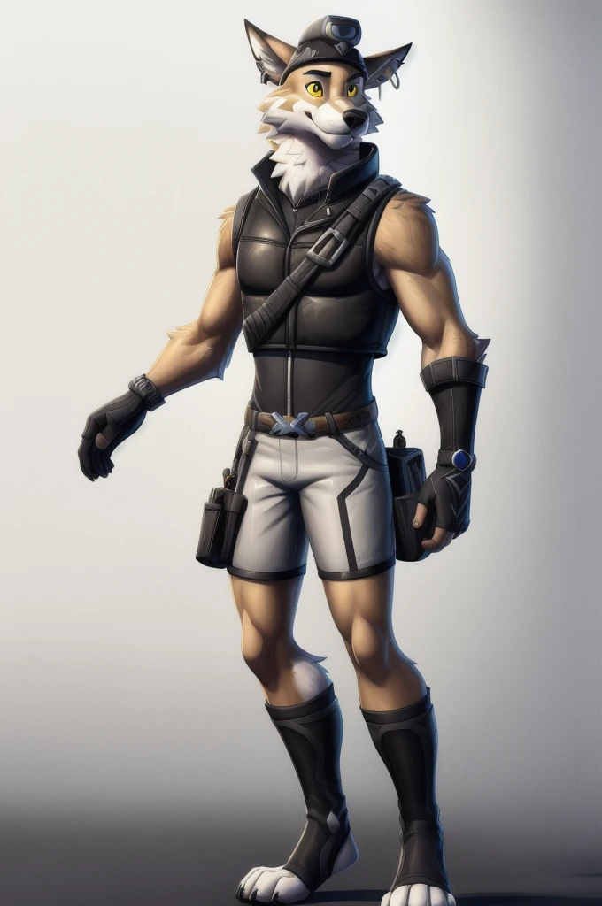 wendell, yellow sclera, (pose:1.3), (posing:1.3), (soft shading), 4k, hi res, five fingers, detailed hands, ((detailed face, (detailed eyes:1.3), detailed)), (full body), fortnite, fortnite style, by zackarry911, by zaush, (by personalami:0.5) solo, looking at viewer, smile, simple background, shirt, gloves, 1boy, hat, white background, bare shoulders, jewelry, standing, full body, male focus, earrings, shorts, sleeveless, black gloves, belt, fingerless gloves, vest, black shirt, goggles, claws, white shorts, toeless legwear, nude