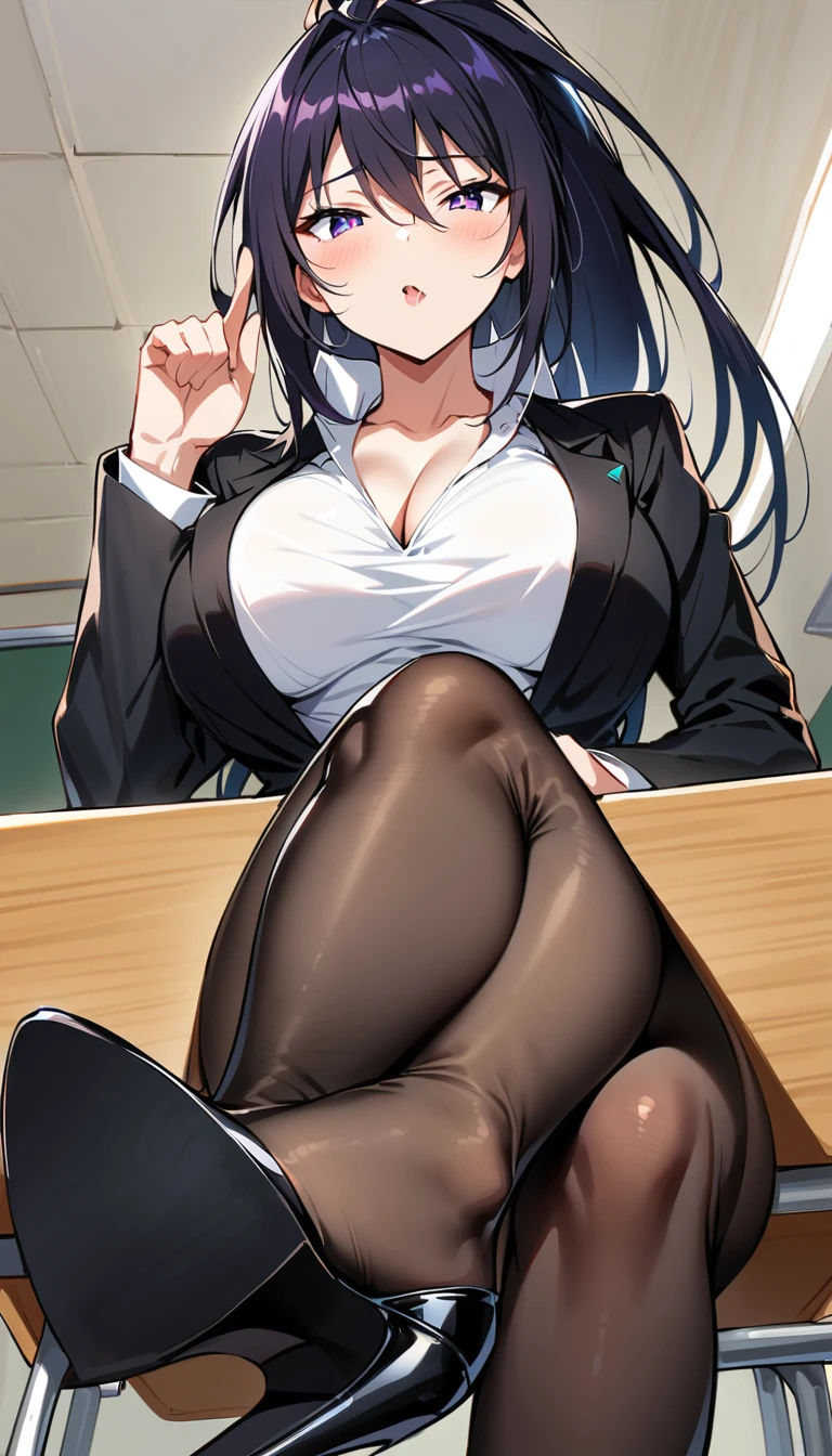 One Girl, Five Fingers, mini skirt, Looking down at the viewer, Black Hairロングヘアー, Highest quality, Focus on the thighs, Dynamic pose, smile, blazer, blouse, Black Pantyhose, panties under pantyhose, Standing Split, classroom, Black Hair, Stylish pose,My thighs and groin are steamy 